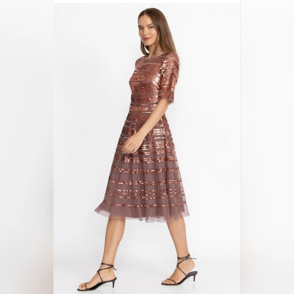 NWT Size 10 Johnny Was Sepia Beaded Sequin Midi Cocktail Dress - Picture 4 of 9